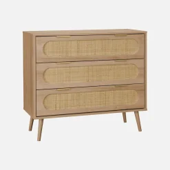 Cassettiera in legno e canna intrecciata, 3 cassetti