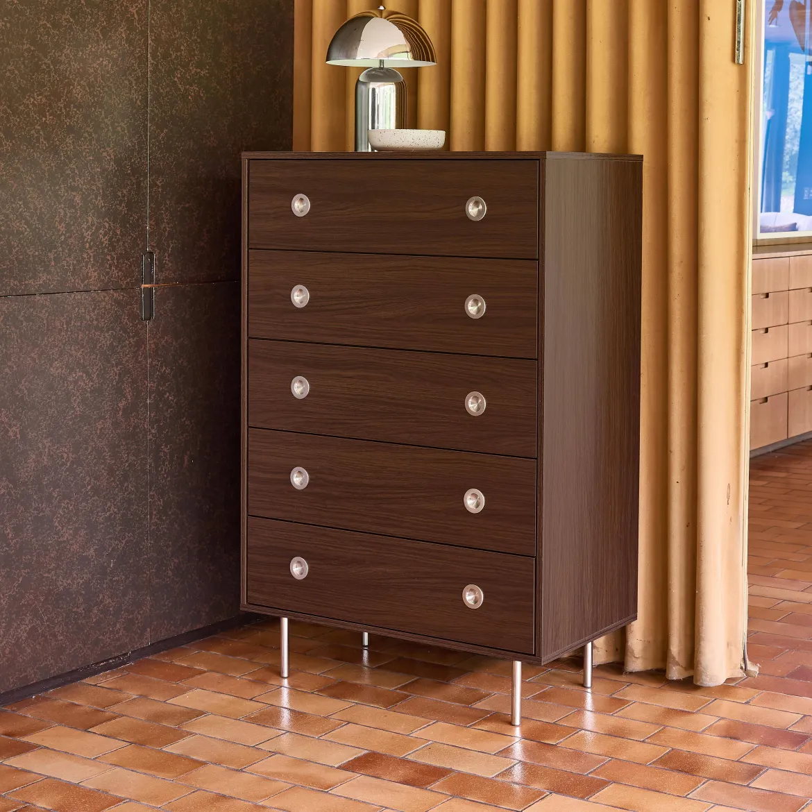 Cassettiera vintage decorata in legno e acciaio inossidabile, 5 cassetti