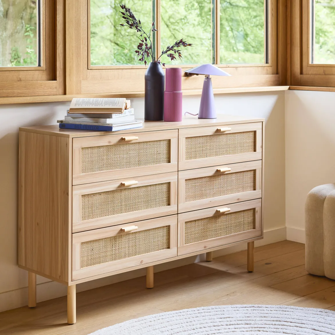 Cassettone con effetto canna e legno a 6 cassetti