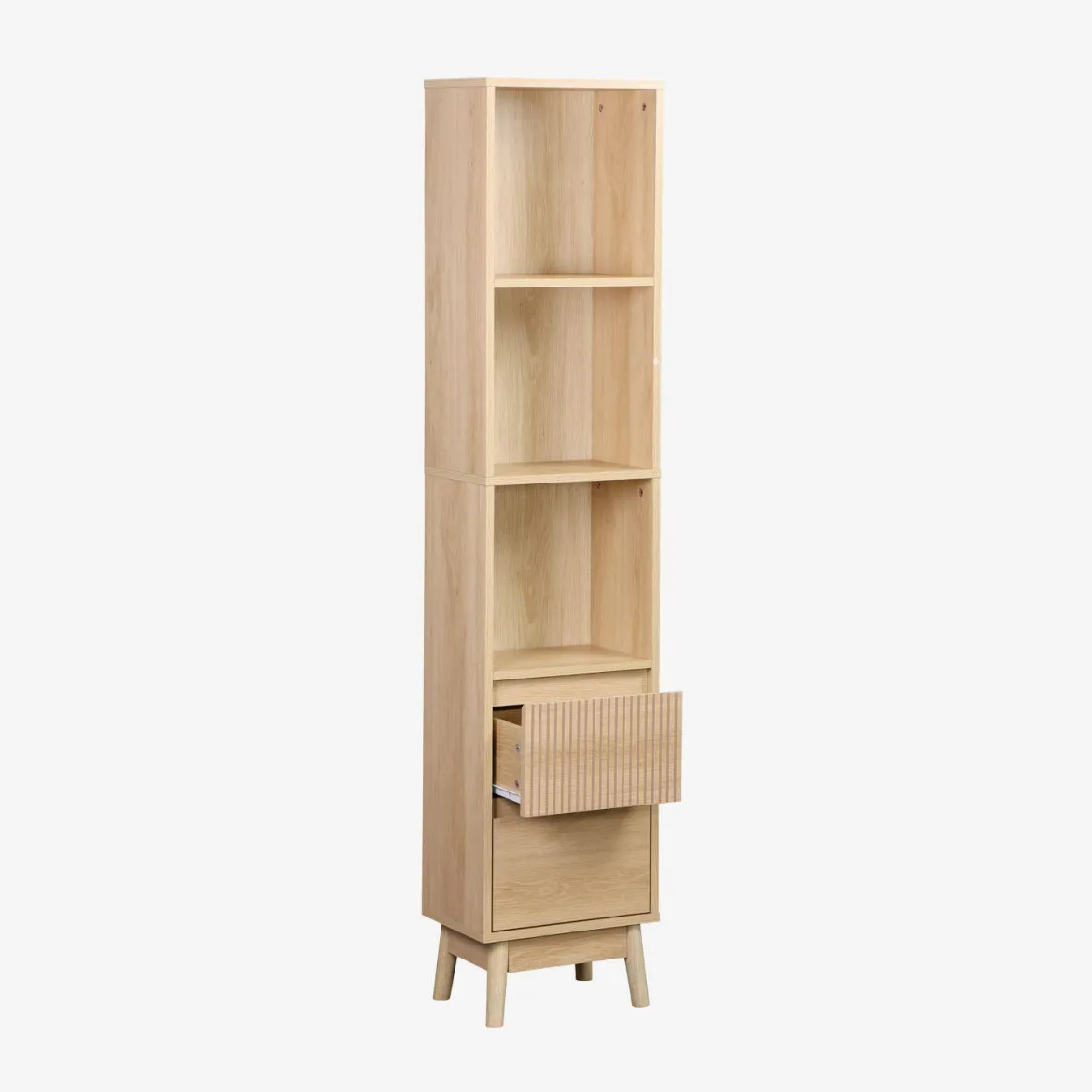 Colonna di stoccaggio decorativa in legno con 3 ripiani e 2 cassetti