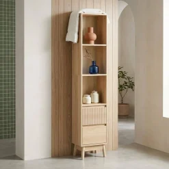 Colonna di stoccaggio decorativa in legno con 3 ripiani e 2 cassetti