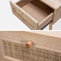 Comodino effetto legno e intrecciatura cannage, 1 cassetto