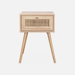 Comodino effetto legno e intrecciatura cannage, 1 cassetto
