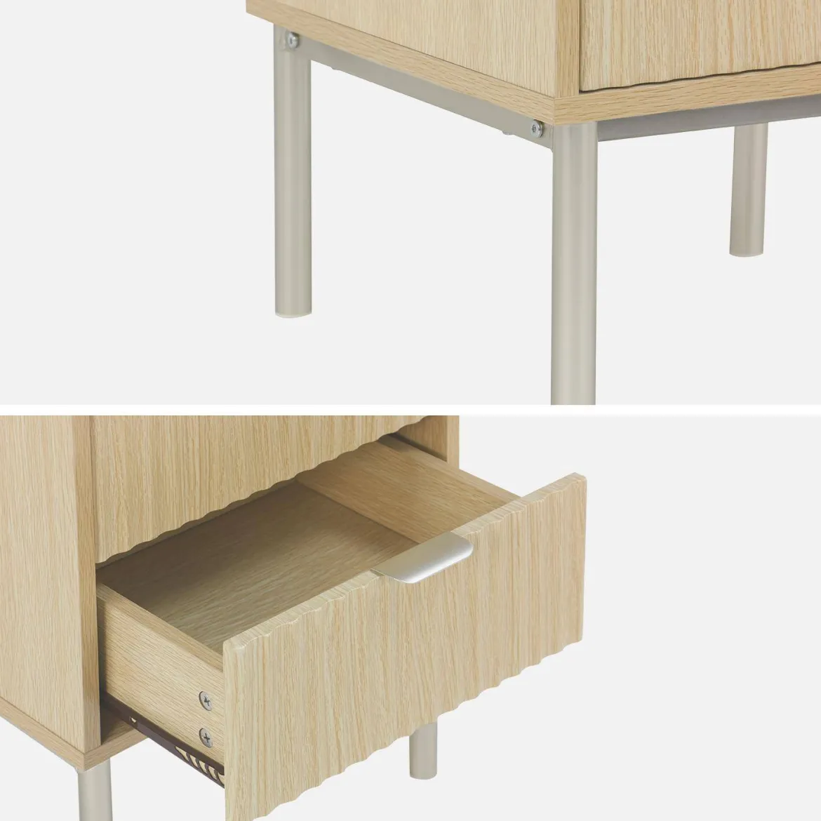 Comodino effetto legno e metallo scanalato
