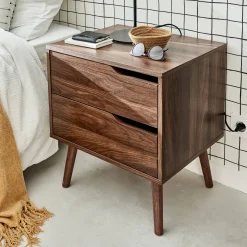 Comodino in legno tinto noce, 2 cassetti
