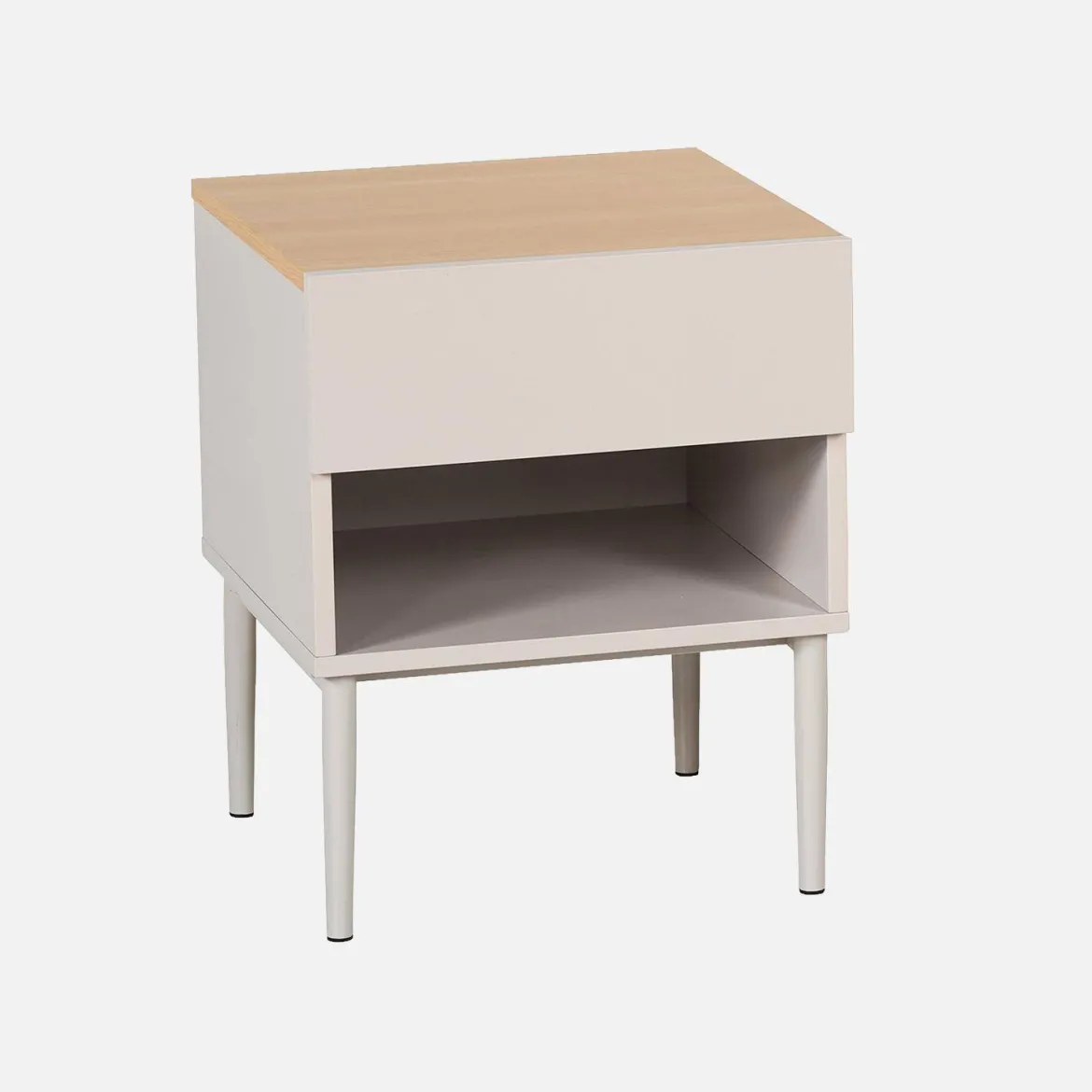 Comodino in metallo e decorazione in legno, 1 anta 1 cassetto