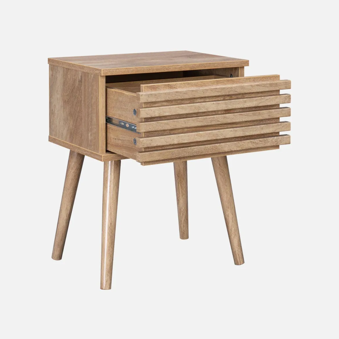 Comodino scandinavo con decori in legno scanalato