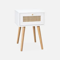 Comodino effetto legno e intrecciatura cannage, 1 cassetto