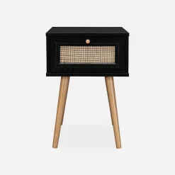 Comodino effetto legno e intrecciatura cannage, 1 cassetto