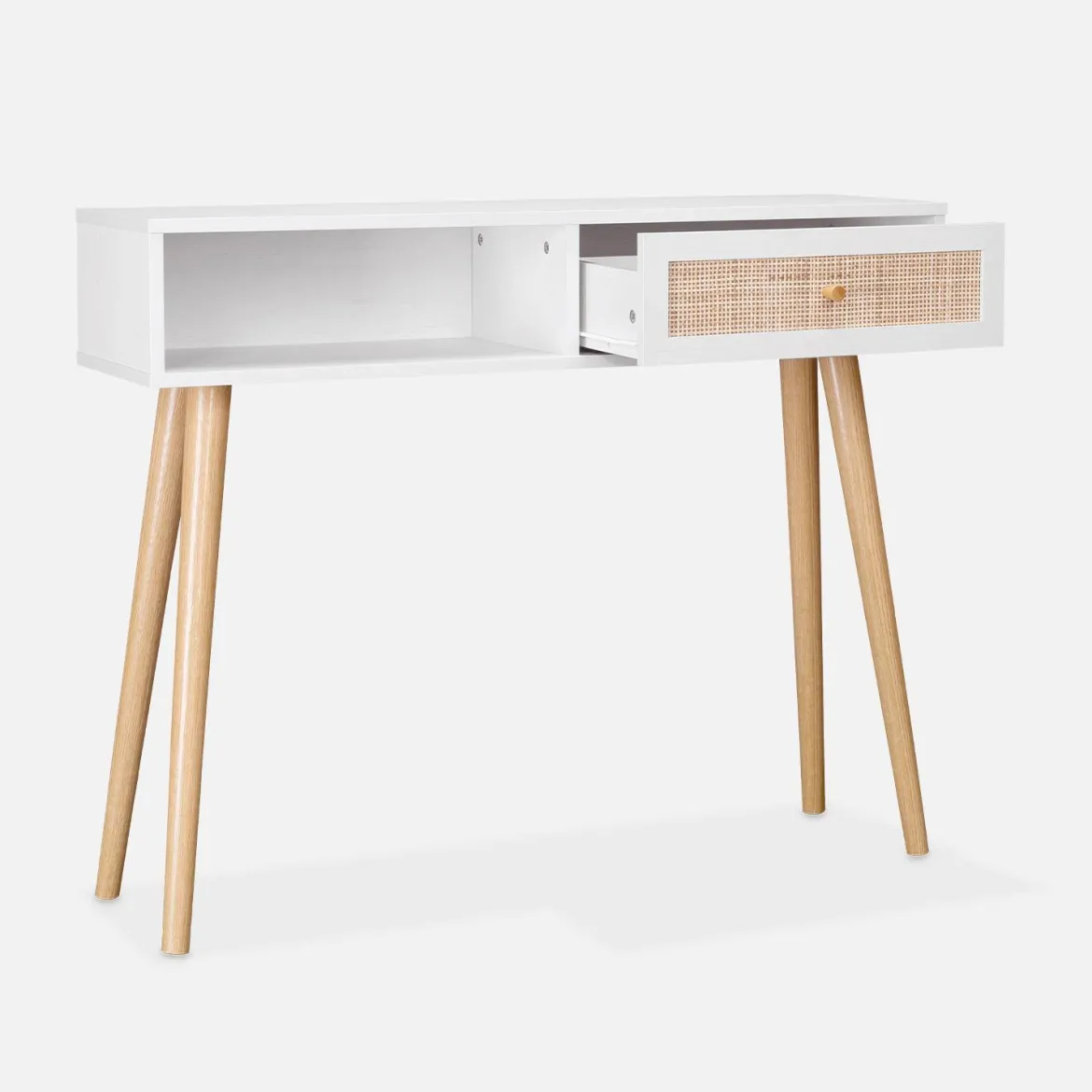 Consolle scandinava con effetto legno e canna, 100cm