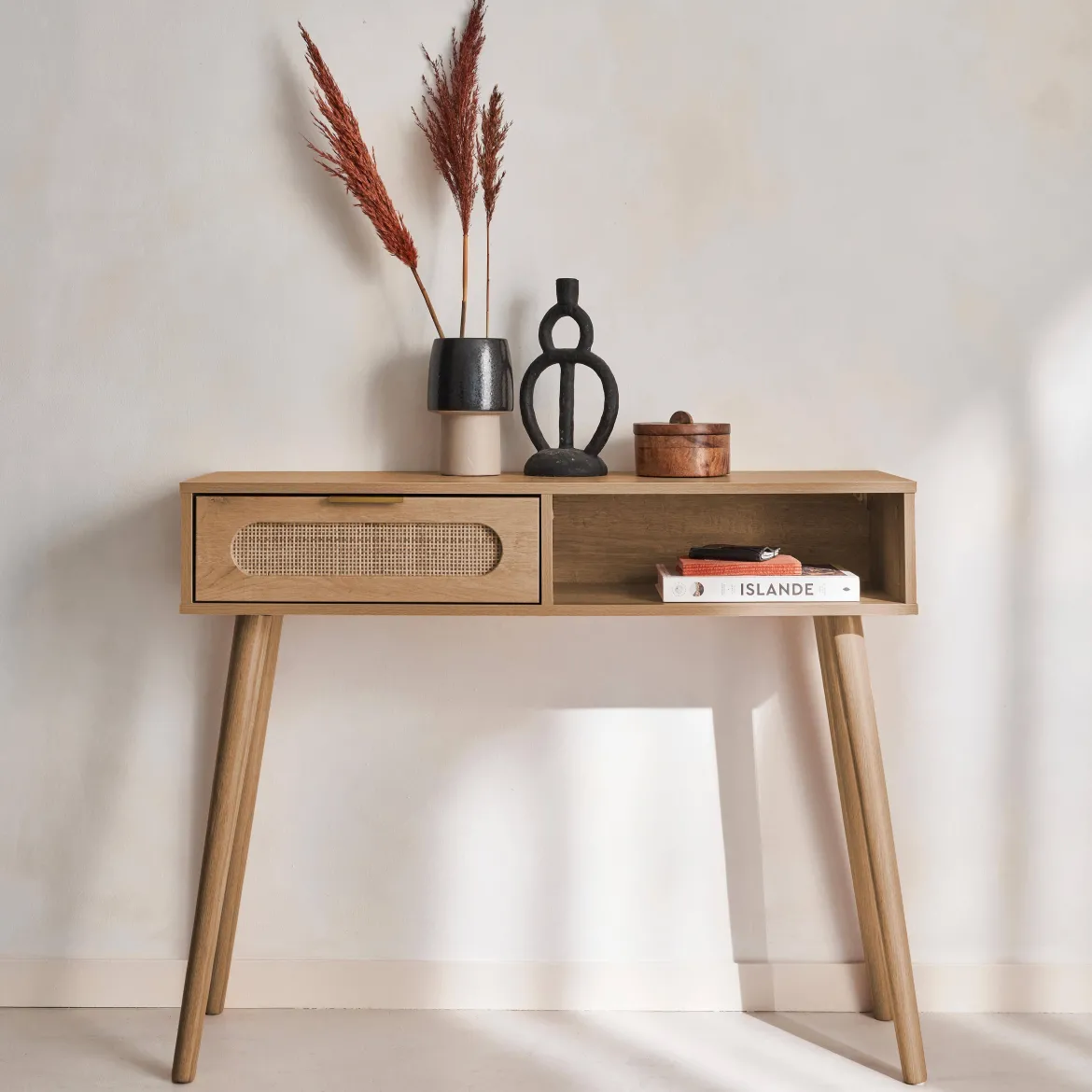 Consolle scandinava in canna e legno, 100cm
