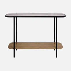 Consolle vintage in metallo nero con piano in vetro e decori in legno, 110 cm