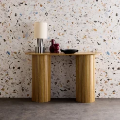 Consolle ovale scandinava con effetto legno scanalato, 120cm
