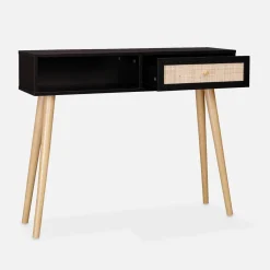 Consolle scandinava con effetto legno e canna, 100cm