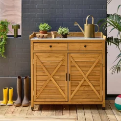 Contenitore, tavolo da vaso in legno di abete, 2 ante, 2 cassetti