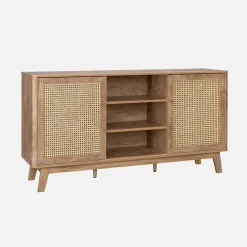 Credenza con 2 ante scorrevoli e ripiani effetto legno e canna, 150cm