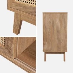 Credenza con 2 ante scorrevoli e ripiani effetto legno e canna, 150cm