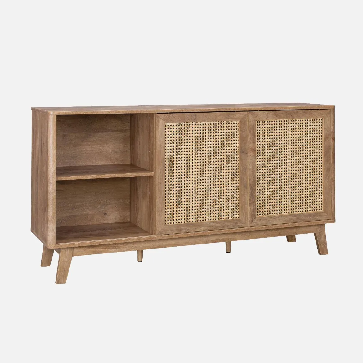 Credenza con 2 ante scorrevoli e ripiani effetto legno e canna, 150cm