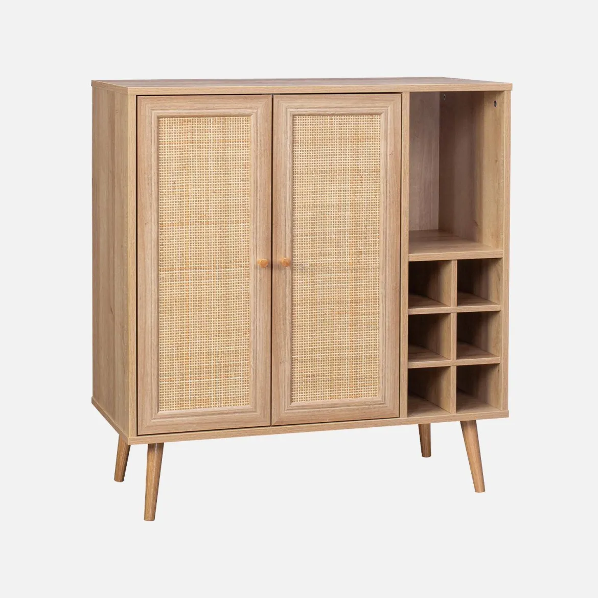 Credenza con portabottiglie, decorazione in vimini e legno, 83cm