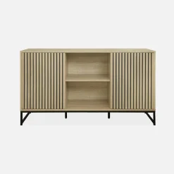 Credenza contemporanea a 2 ante scanalate effetto legno, 140cm