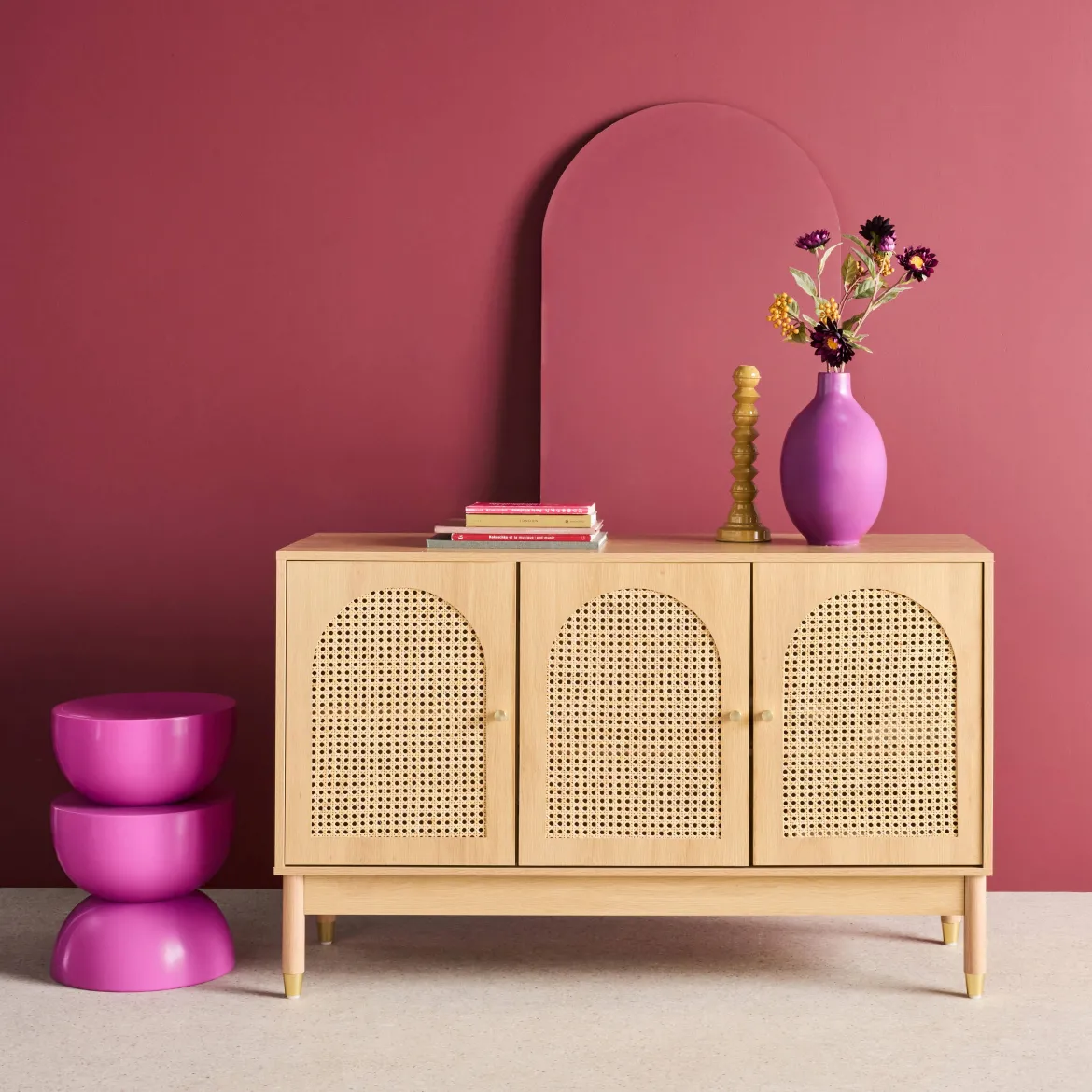 Credenza decorazione legno e canna 3 ante 120cm