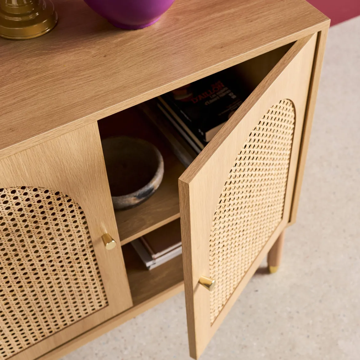 Credenza decorazione legno e canna 3 ante 120cm
