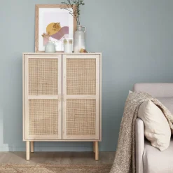 Credenza effetto canna e legno a 2 ante, 80cm