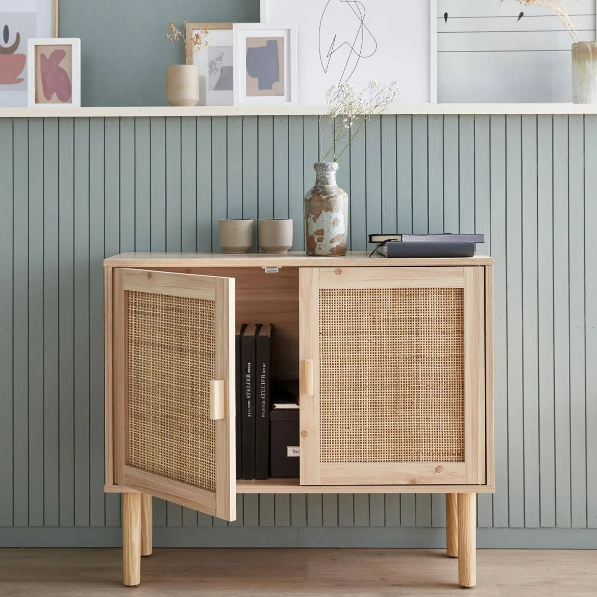 Credenza effetto canna e legno a 2 ante, 80cm