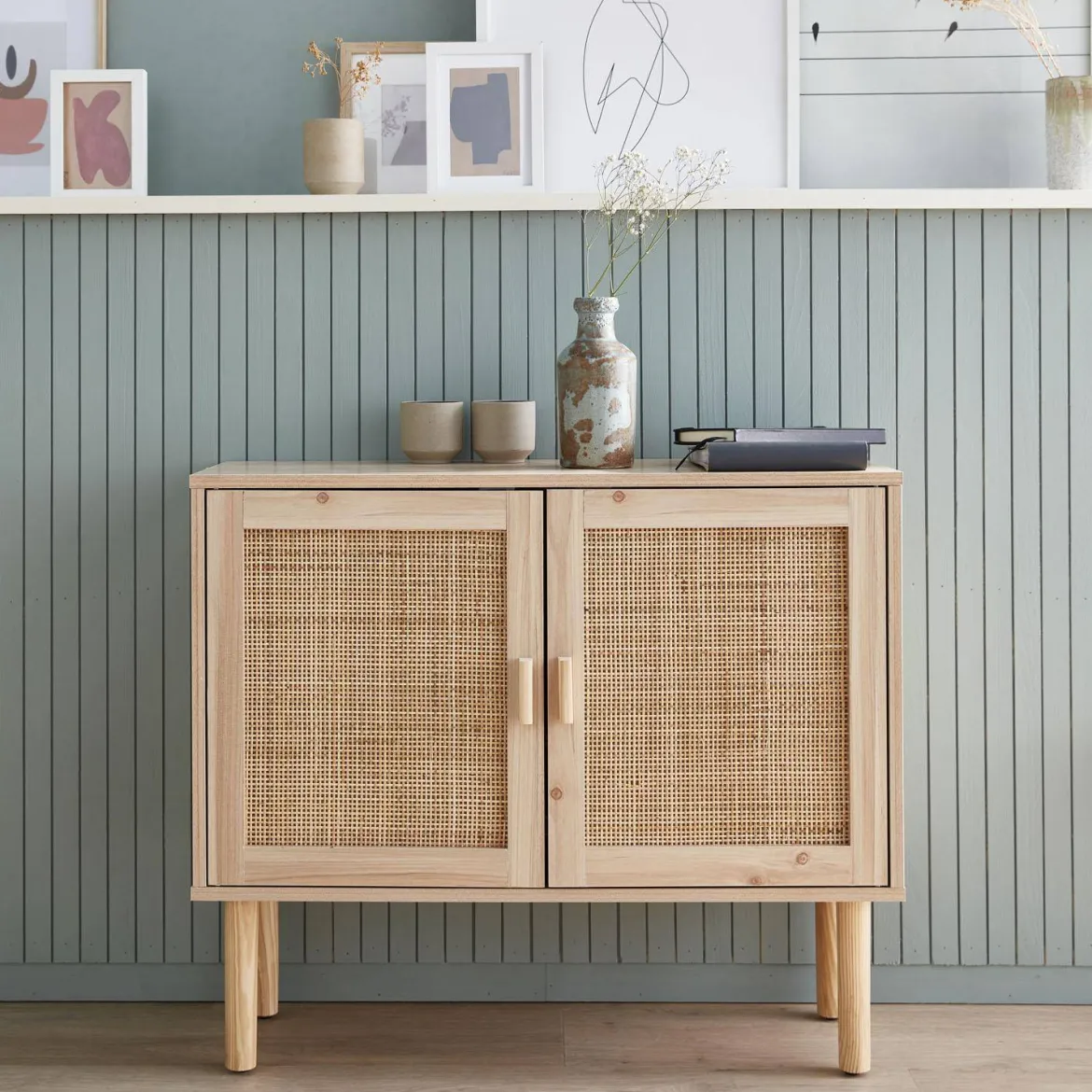 Credenza effetto canna e legno a 2 ante, 80cm