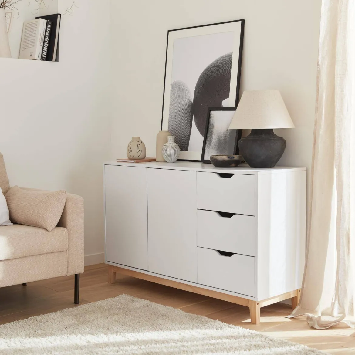 Credenza effetto legno con gambe in legno 2 ante, 120cm