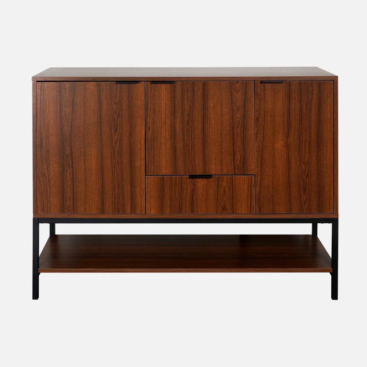 Credenza effetto legno tinto noce e metallo a 3 ante, 110cm