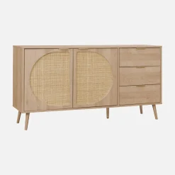 Credenza in legno e canna a 2 ante e 3 cassetti, 150cm