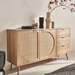 Credenza in legno e canna a 2 ante e 3 cassetti, 150cm