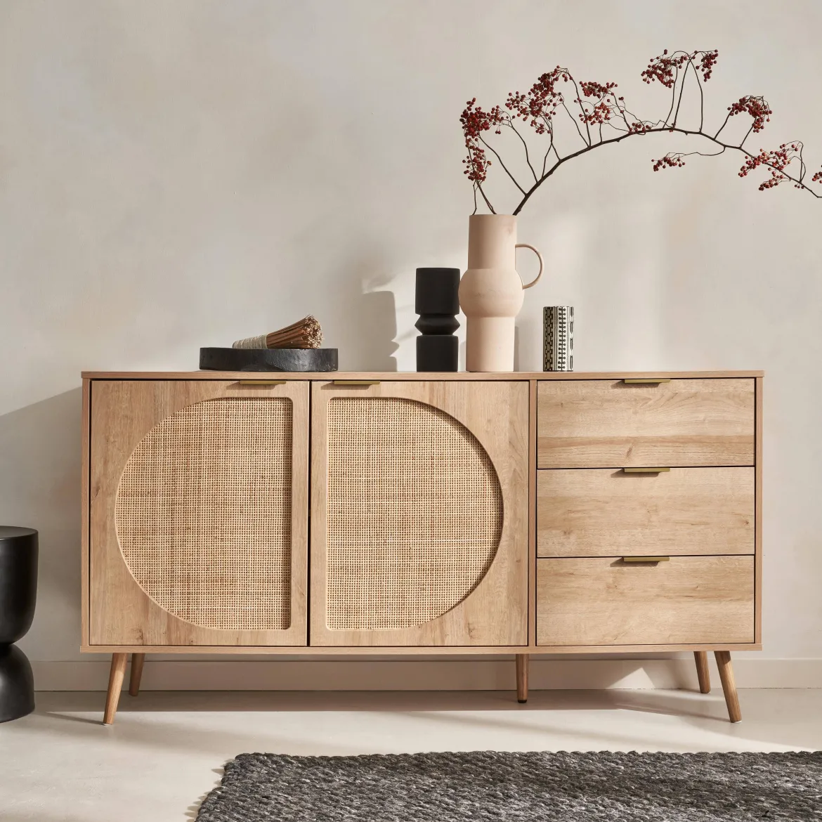 Credenza in legno e canna a 2 ante e 3 cassetti, 150cm