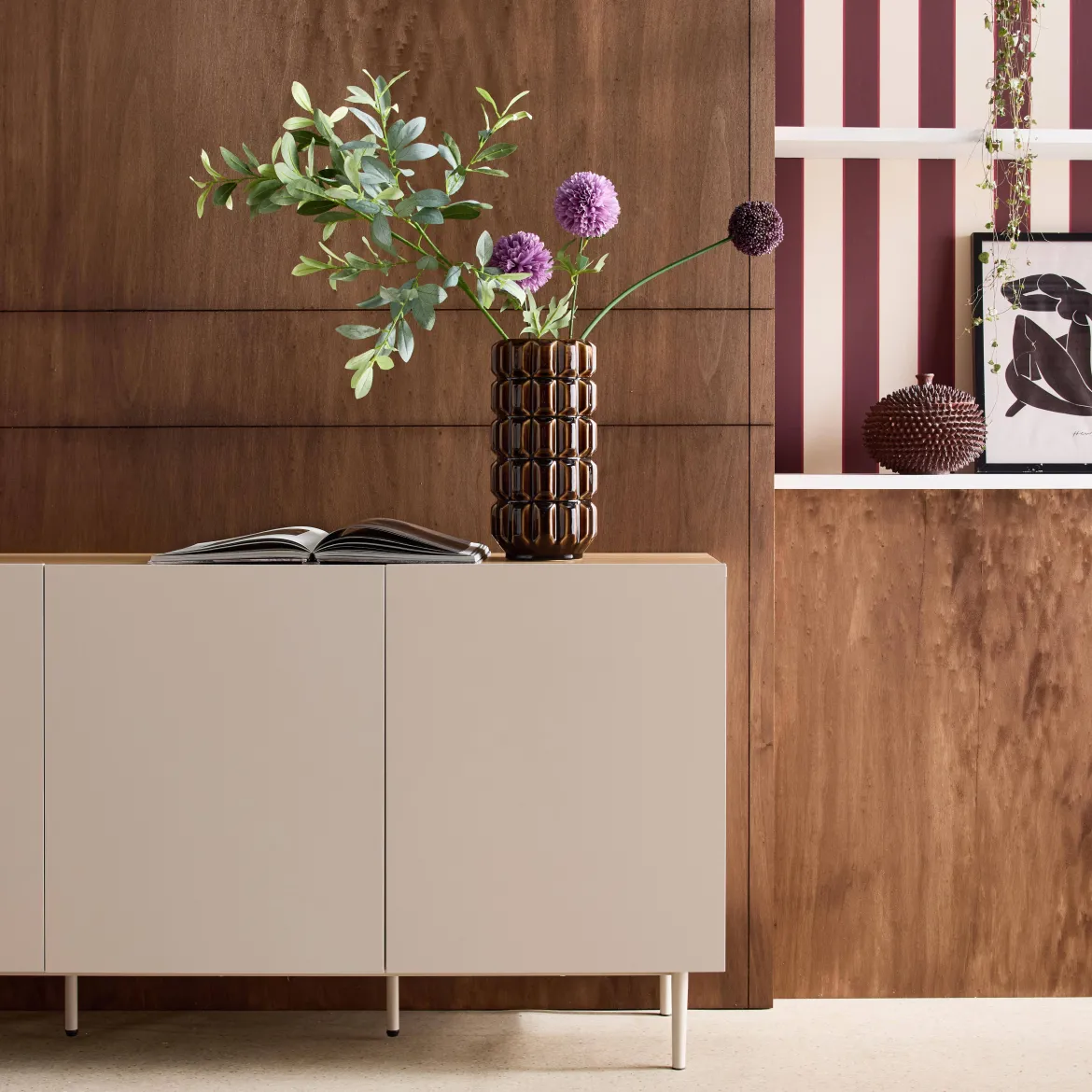Credenza in metallo e decorazione in legno 3 ante, 150cm