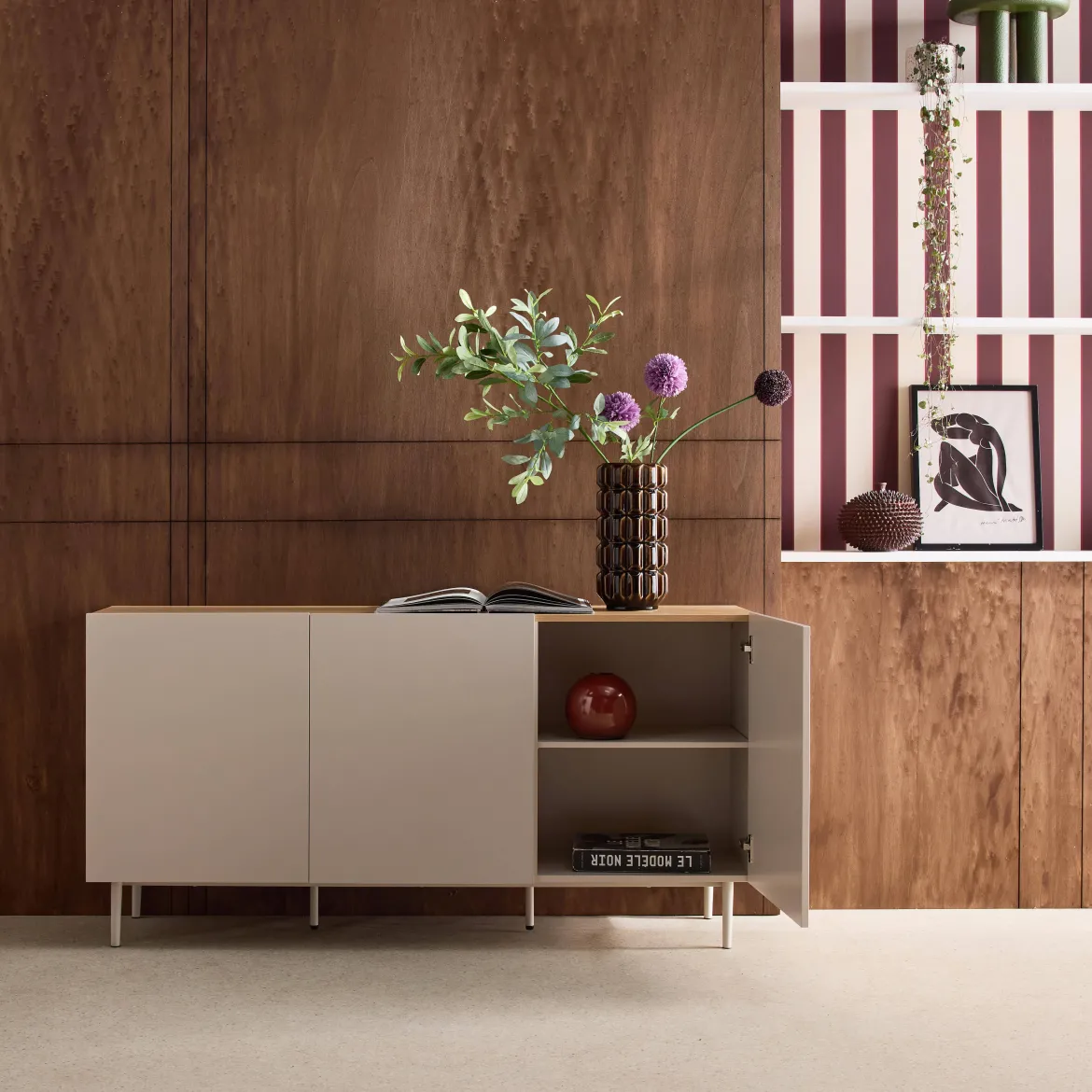 Credenza in metallo e decorazione in legno 3 ante, 150cm