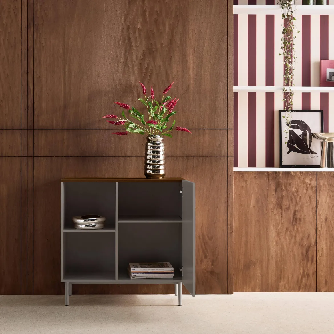 Credenza in metallo e decorazione in legno 1 anta, 80cm