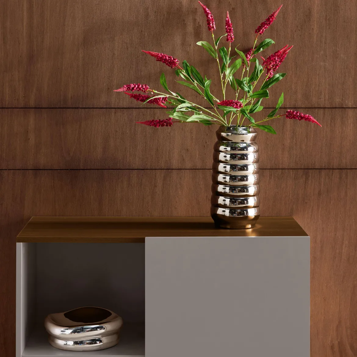 Credenza in metallo e decorazione in legno 1 anta, 80cm