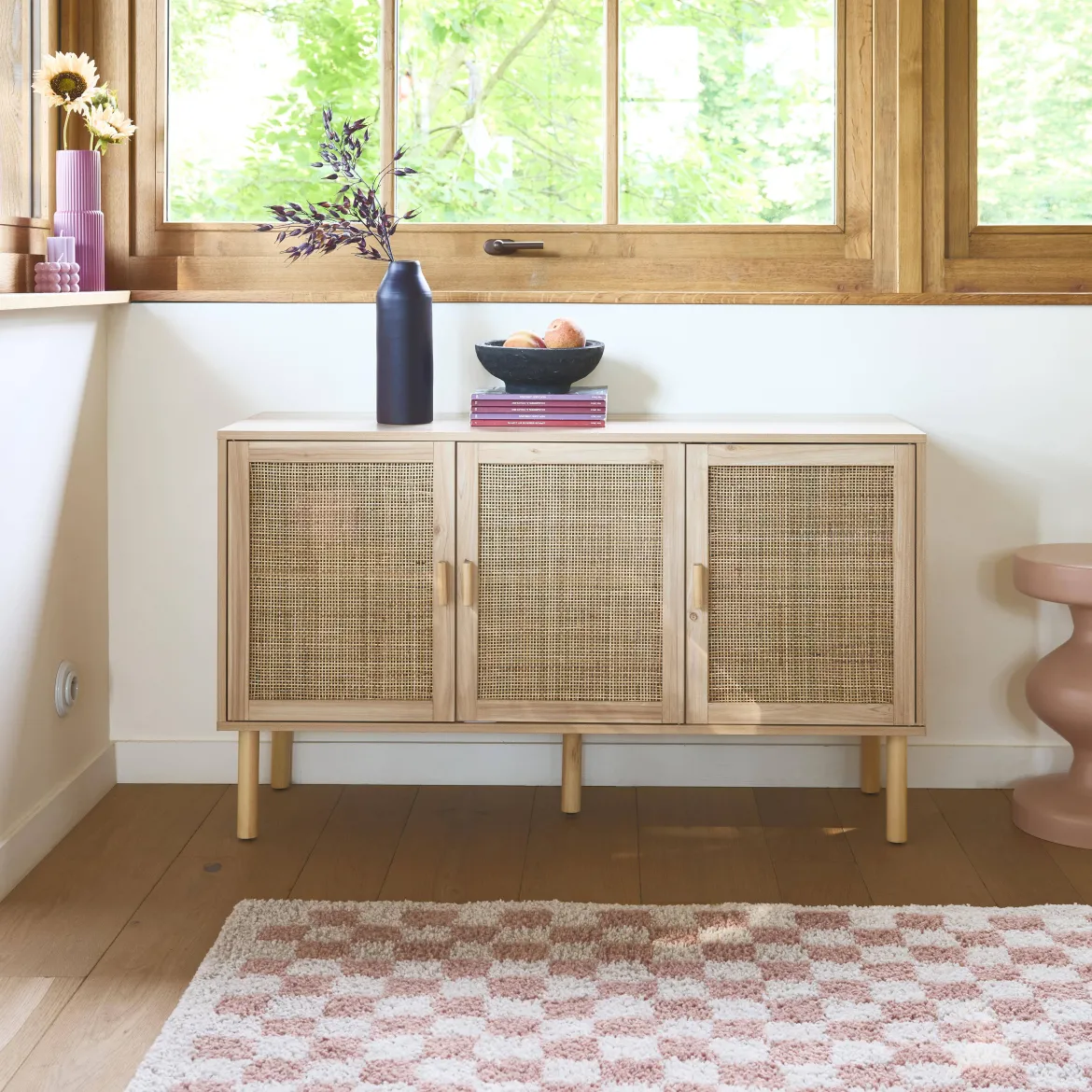 Credenza in vimini ed effetto legno a 3 ante, 120cm