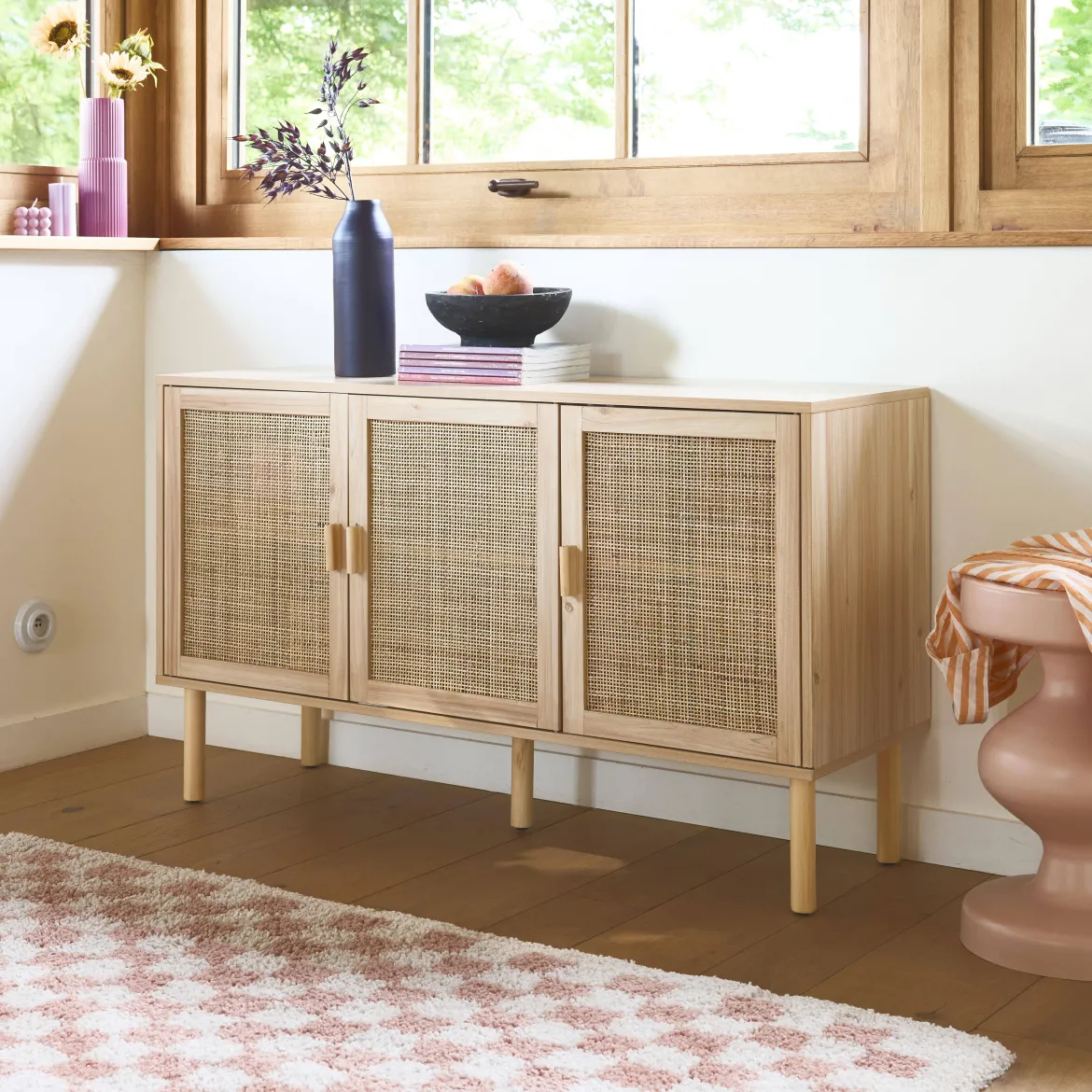 Credenza in vimini ed effetto legno a 3 ante, 120cm