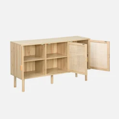 Credenza in vimini ed effetto legno a 3 ante, 120cm