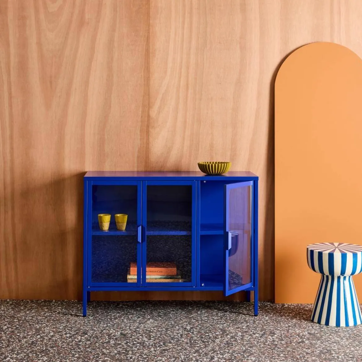 Credenza industriale in metallo e vetro temperato 3 ante, 100cm