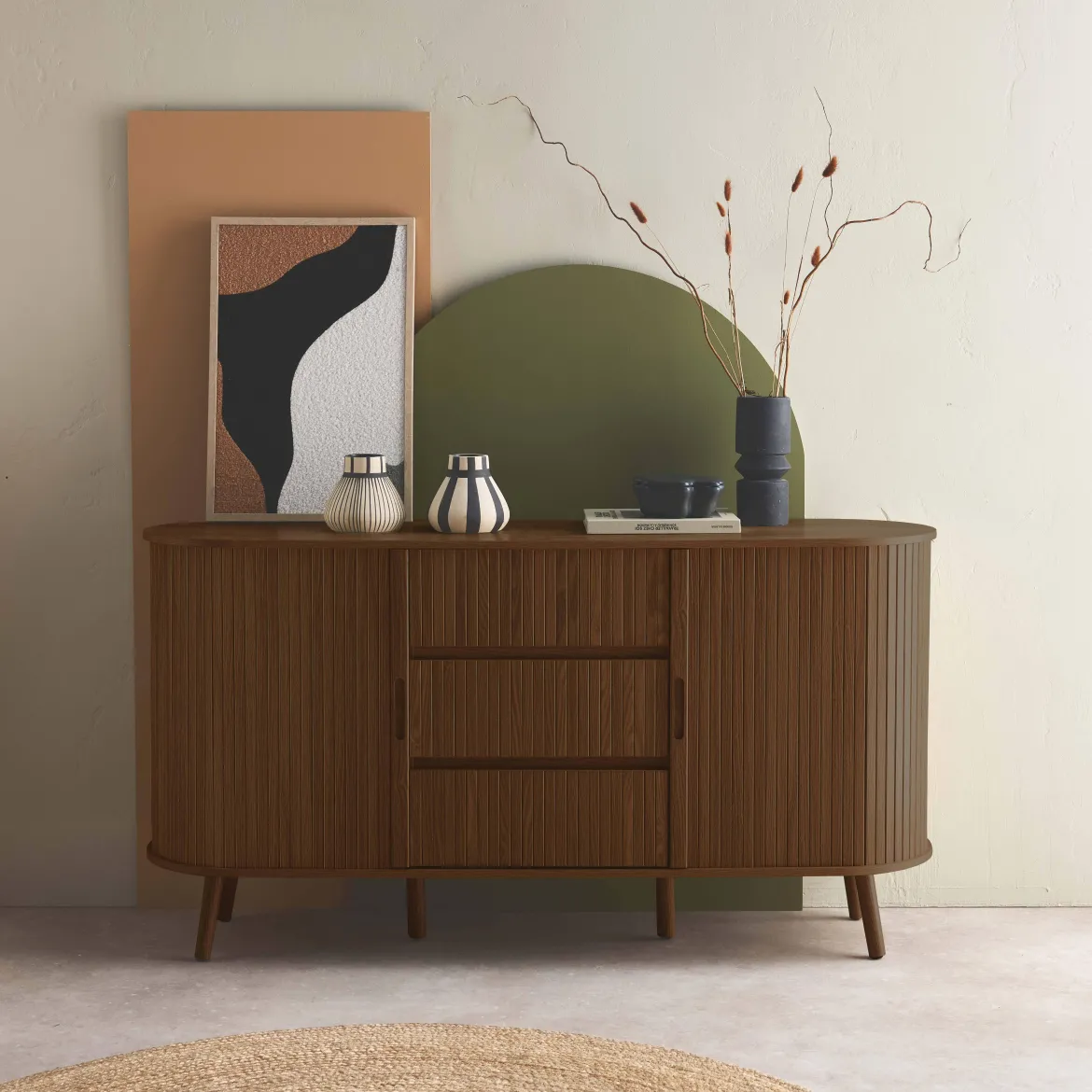 Credenza scandinava effetto legno scanalato 2 ante scorrevoli, 150cm