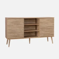 Credenza scandinava in legno con 2 ante scorrevoli scanalate, 140cm
