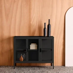 Credenza industriale in metallo e vetro temperato 3 ante, 100cm