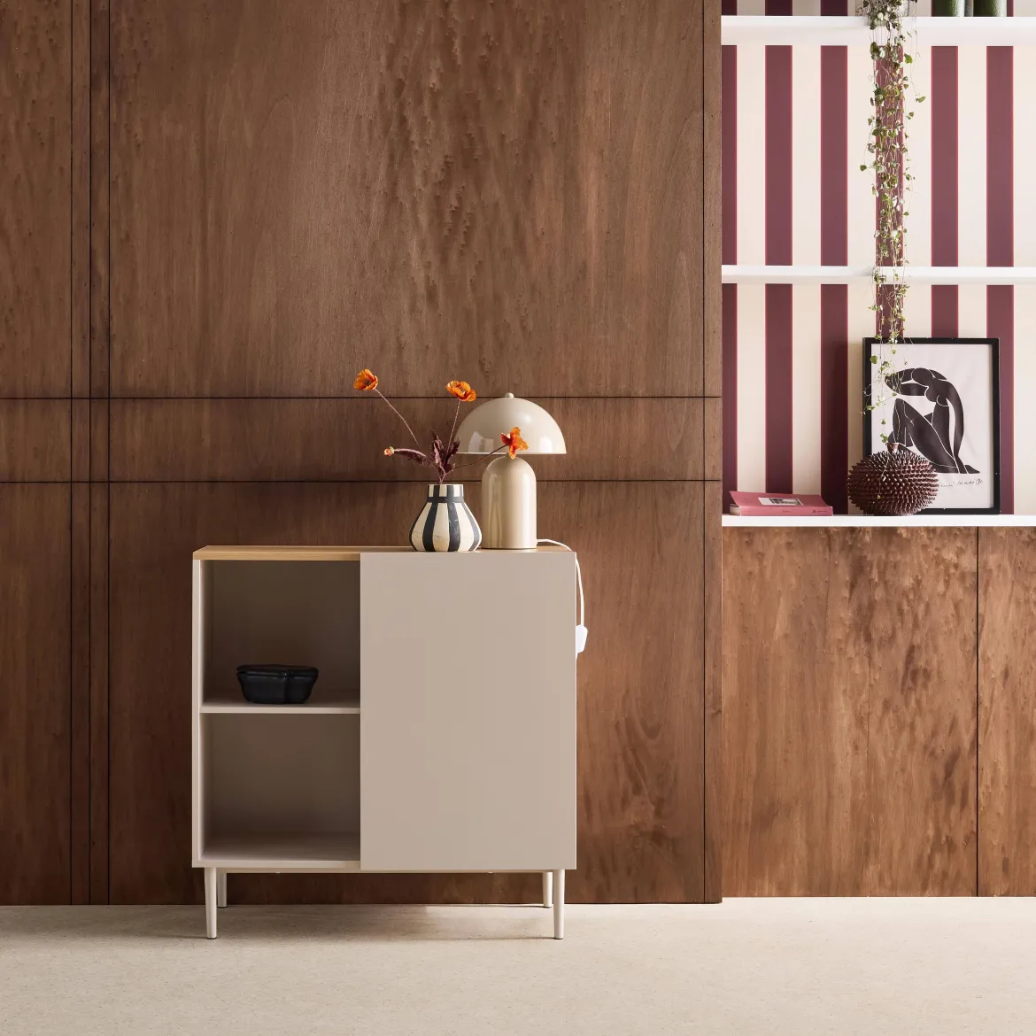 Credenza in metallo e decorazione in legno 1 anta, 80cm