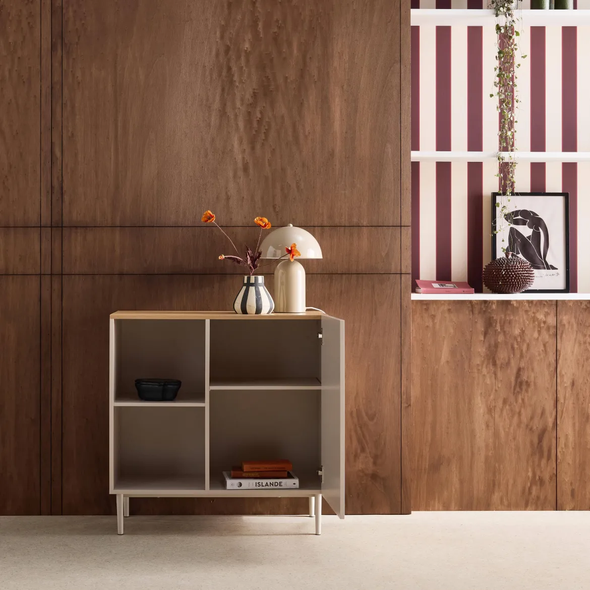 Credenza in metallo e decorazione in legno 1 anta, 80cm