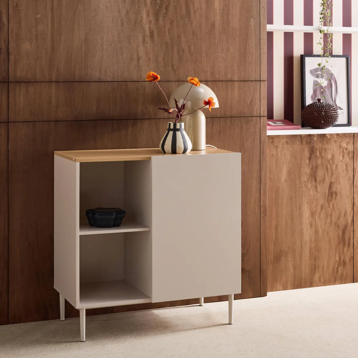Credenza in metallo e decorazione in legno 1 anta, 80cm