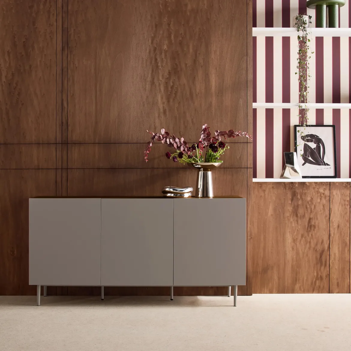 Credenza in metallo e decorazione in legno 3 ante, 150cm
