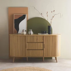 Credenza scandinava effetto legno scanalato 2 ante scorrevoli, 150cm